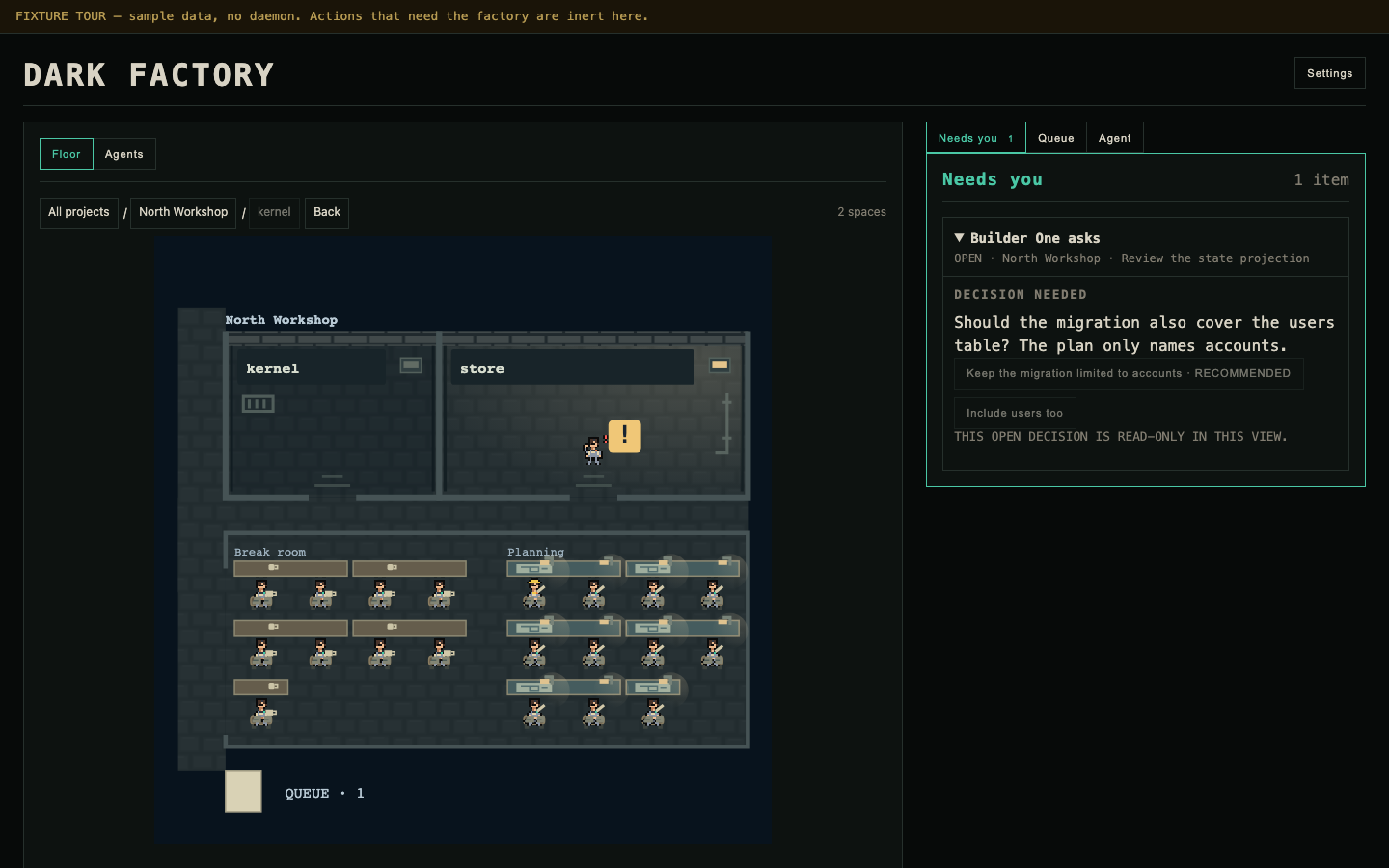 The Dark Factory console showing two code rooms, a break room, a planning room and an open decision